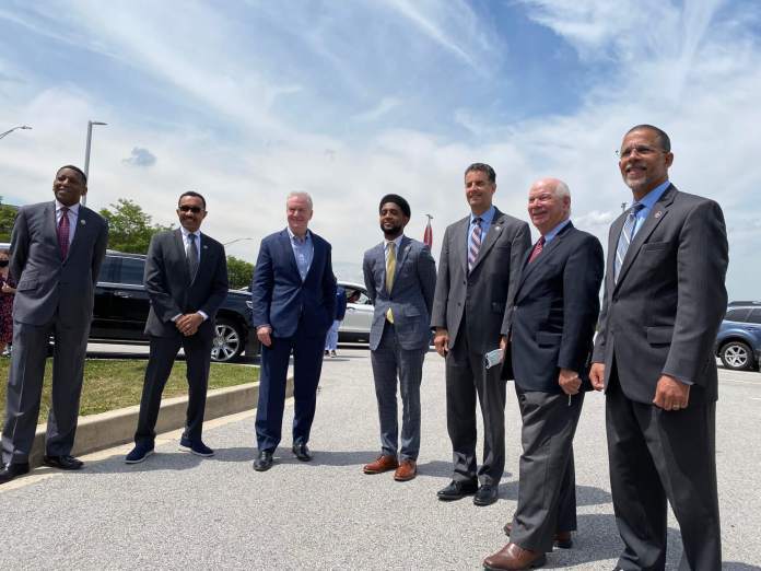 Del. Keith Haynes (D-Baltimore City), U.S. Rep. Kwieisi Mfume (D), U.S. Sen. Chris Van Hollen (D), Baltimore City Mayor Brandon Scott (D), U.S. Rep. John Sarbanes (D), U.S. Sen. Ben Cardin (D), and U.S. Rep. Anthony Brown (D) held a press conference.