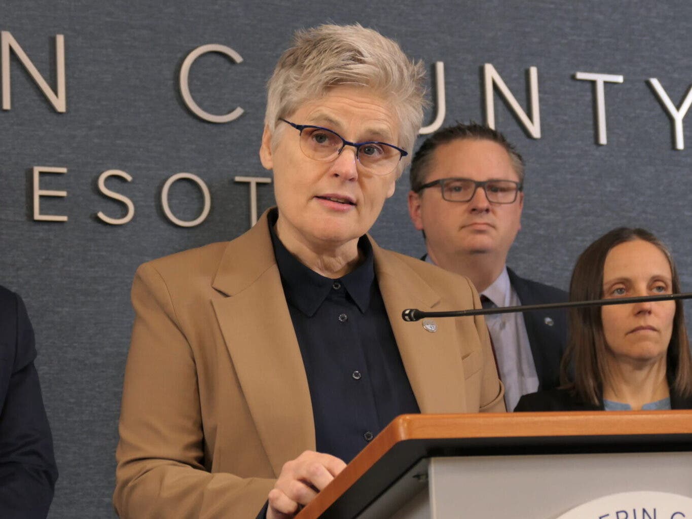 Hennepin County, Minnesota, Attorney Mary Moriarty announces felony assault charges Thursday against an ICE agent who allegedly pointed his service weapon at two people during a Feb. 5 highway confrontation. 