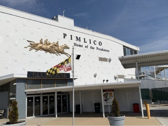 The entrance to Pimlico Race Course in 2023, three years before demolition began to make way for a new grandstand and rejuvenated track. 