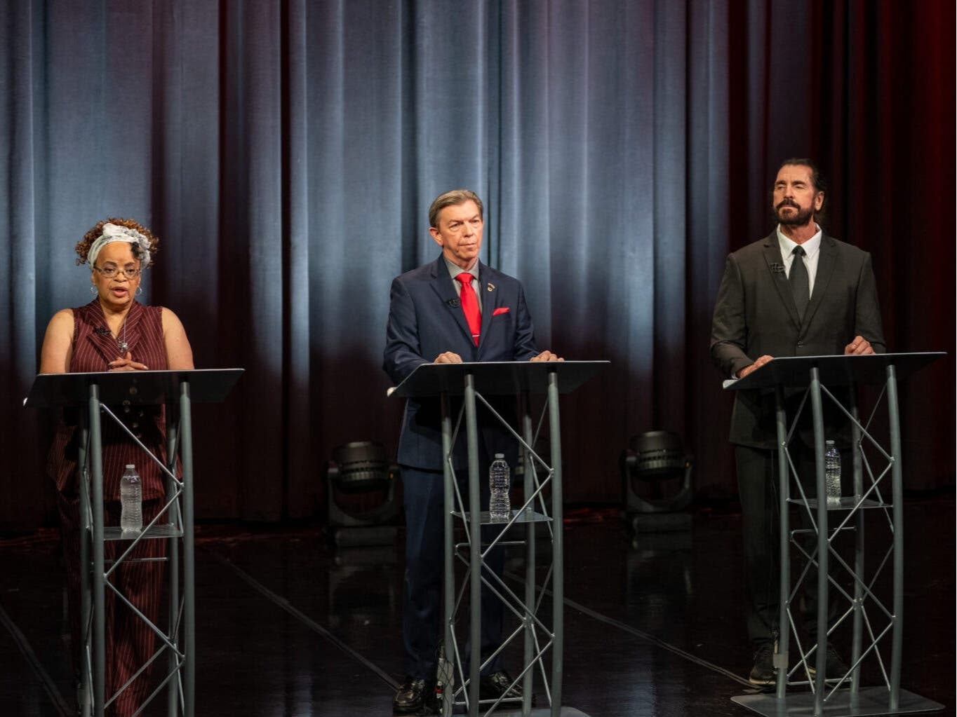 From left, Shannon Wright, John Myrick and Douglas Larcomb faced off Tuesday in a Republican gubernatorial primary debate in Owings Mills. 