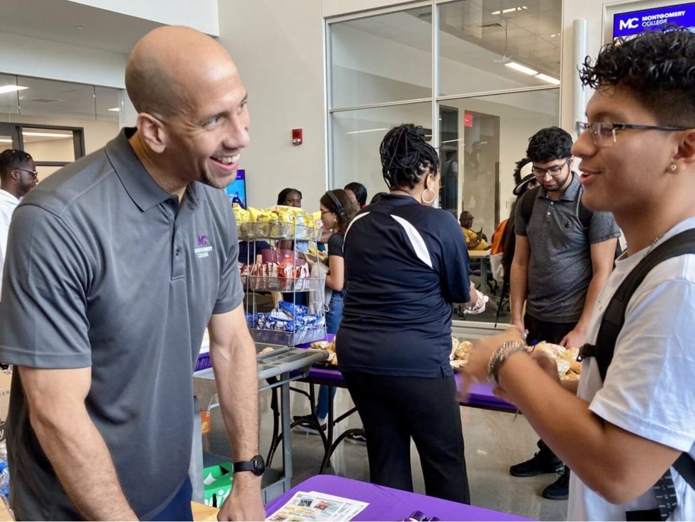 Montgomery College President Jermaine Williams connects with students at welcome-back activities on the Silver Spring/Takoma Park campus in 2024. 
