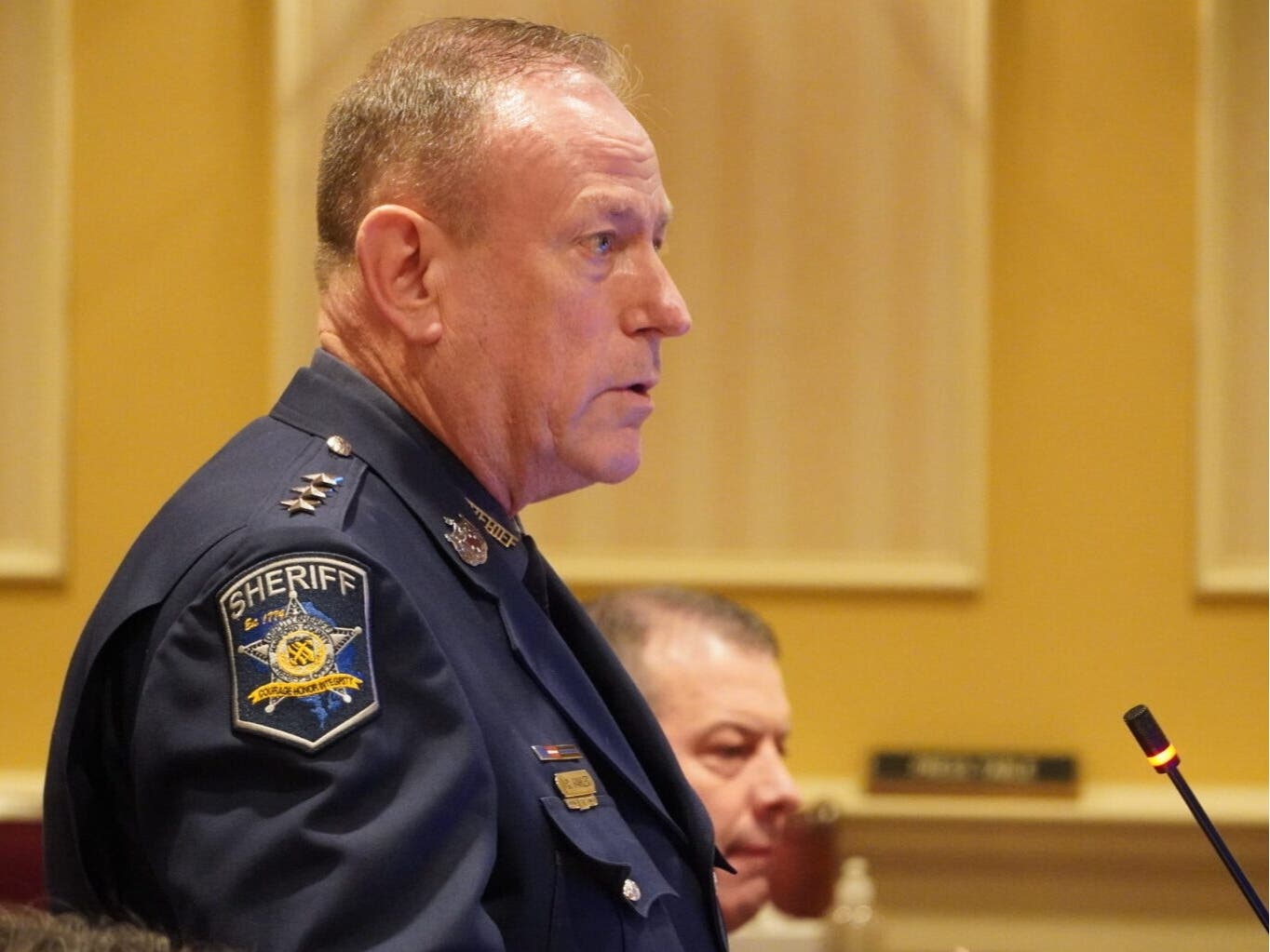 Harford County Sheriff Jeffrey Gahler, the lead plaintiff in the lawsuit challenging the Community Trust Act, testifies Jan. 22 before the Senate Judicial Proceedings Committee.