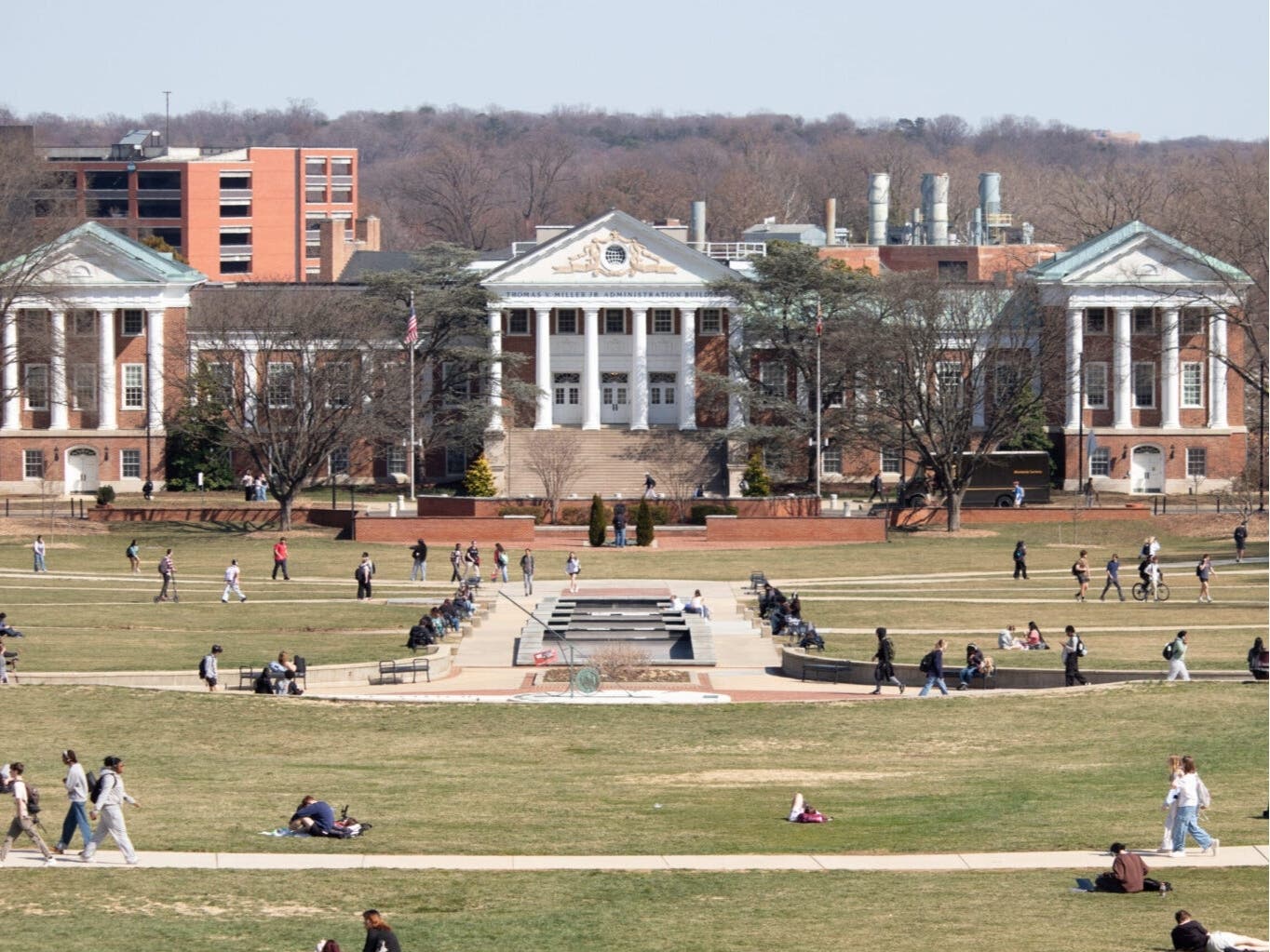 Students walk across McKeldin Mall on the University of Maryland, College Park’s campus.