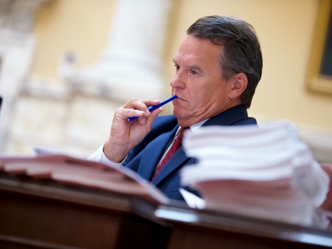 A stack of amendments sits on the desk of Senate Minority Leader Stephen S. Hershey Jr. (R-Upper Shore).