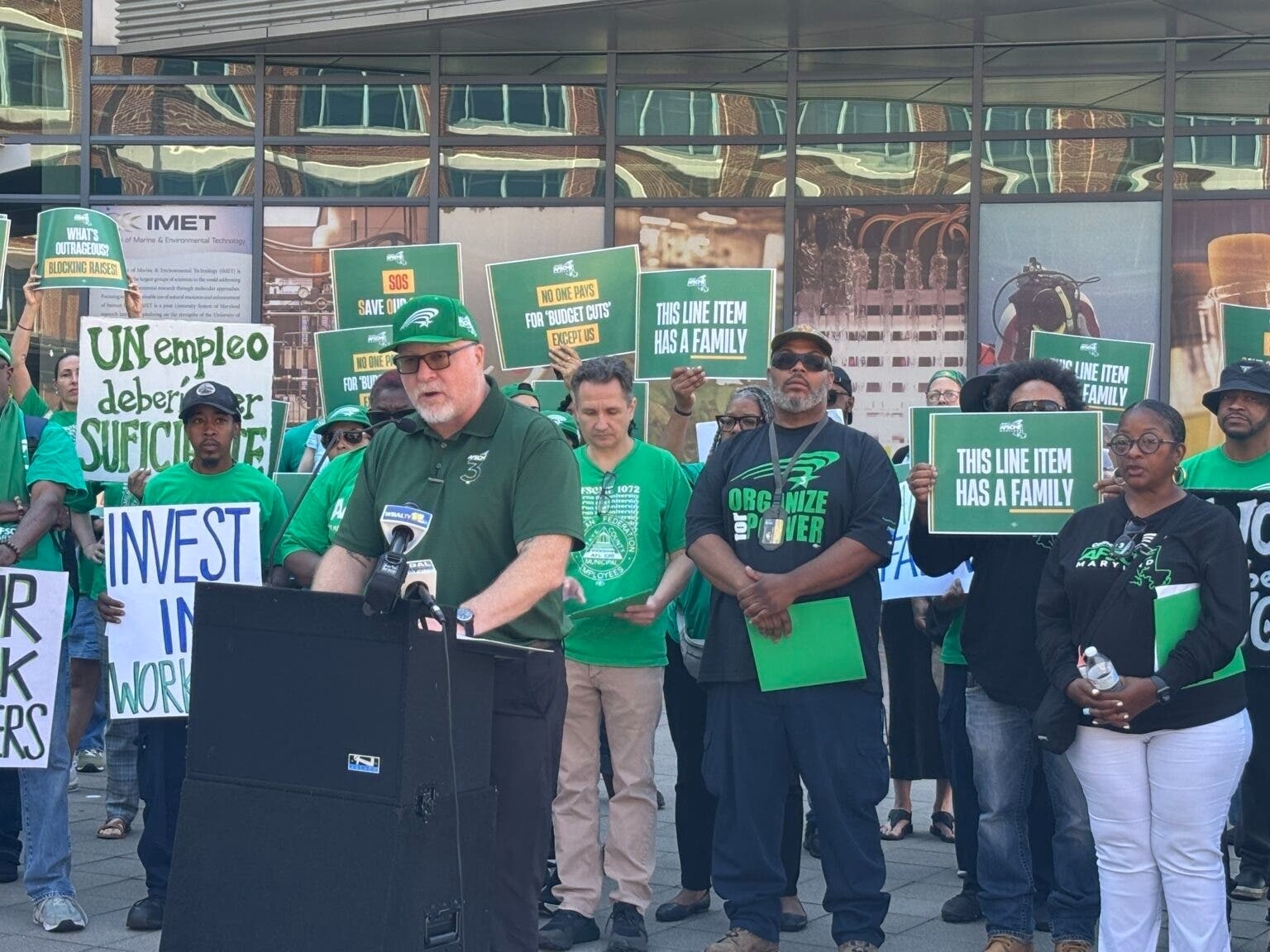 AFSCME Council 3 President Patrick Moran speaks Thursday at a rally outside the University System of Maryland headquarters in Baltimore on July 23, 2026. 