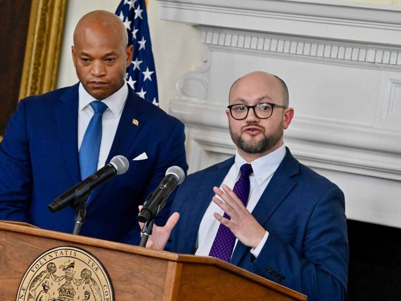 Budget Secretary Yaakov "Jake" Weissmann, in a January photo with Gov. Wes Moore, said that asking agencies for up to 10% in cuts for next year's budget planning is a "prudent approach" to the state's ongoing fiscal problems. 