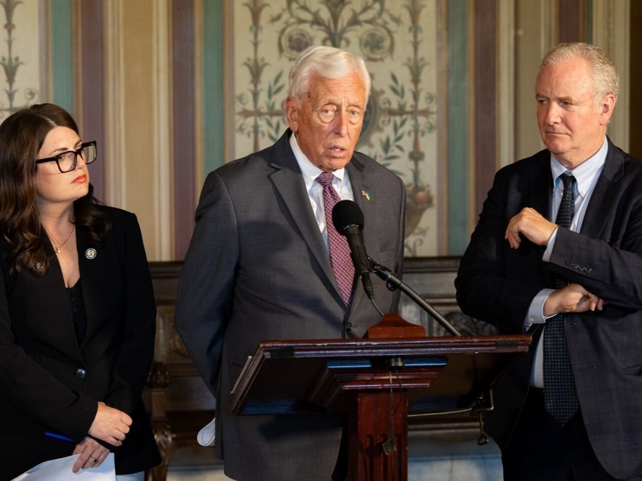 Reps. Sarah Elfreth (D-3rd) and Steny Hoyer (D-5th) and Sen. Chris Van Hollen (D-Md.) address the future of the Port of Baltimore during a Capitol Hill briefing Thursday.