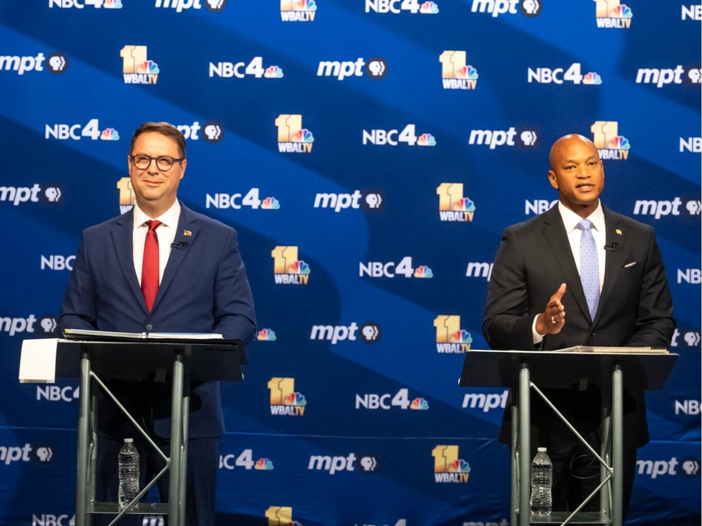 Republican gubernatorial nominee Dan Cox, right) and Gov. Wes Moore (D) meet for a debate Tuesday at the Maryland Public Television studios in Owings Mills.