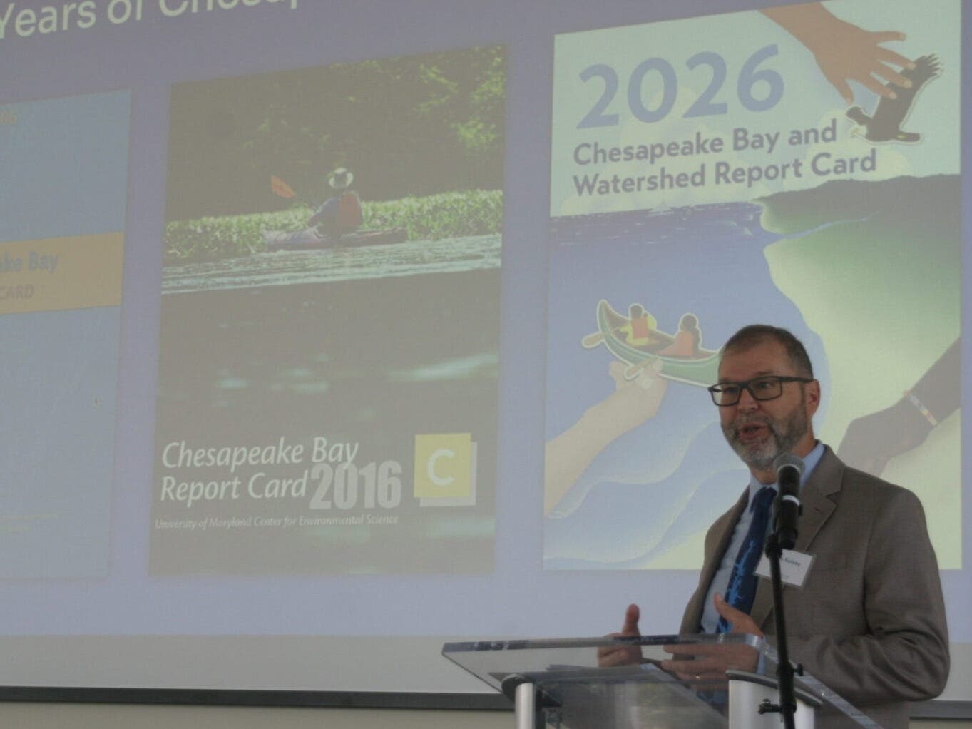 Heath Kelsey with the University of Maryland Center for Environmental Science presents the 2026 Chesapeake Bay Watershed Report Card in Woodbridge, Virginia.