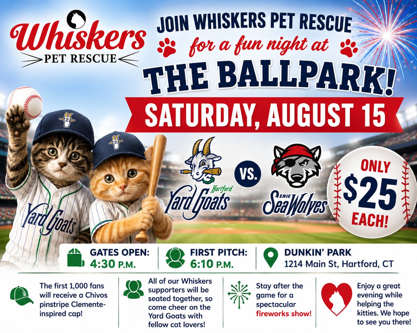 Join Whiskers @ the Ball Park! Hartford Yard Goats