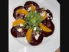 Insalata di Barbabietole: Baked beet carpaccio with oranges, micro arugula & crumbled goat cheese.