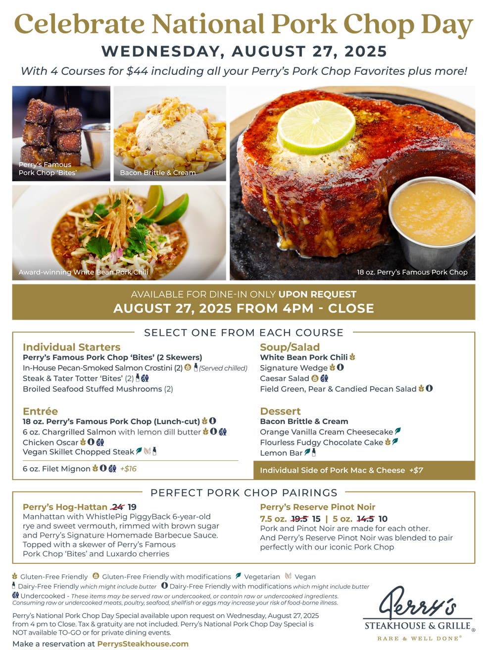 Celebrate National Pork Chop Day August 27 at Perry’s Steakhouse & Grille - 4-Course Menu for $44