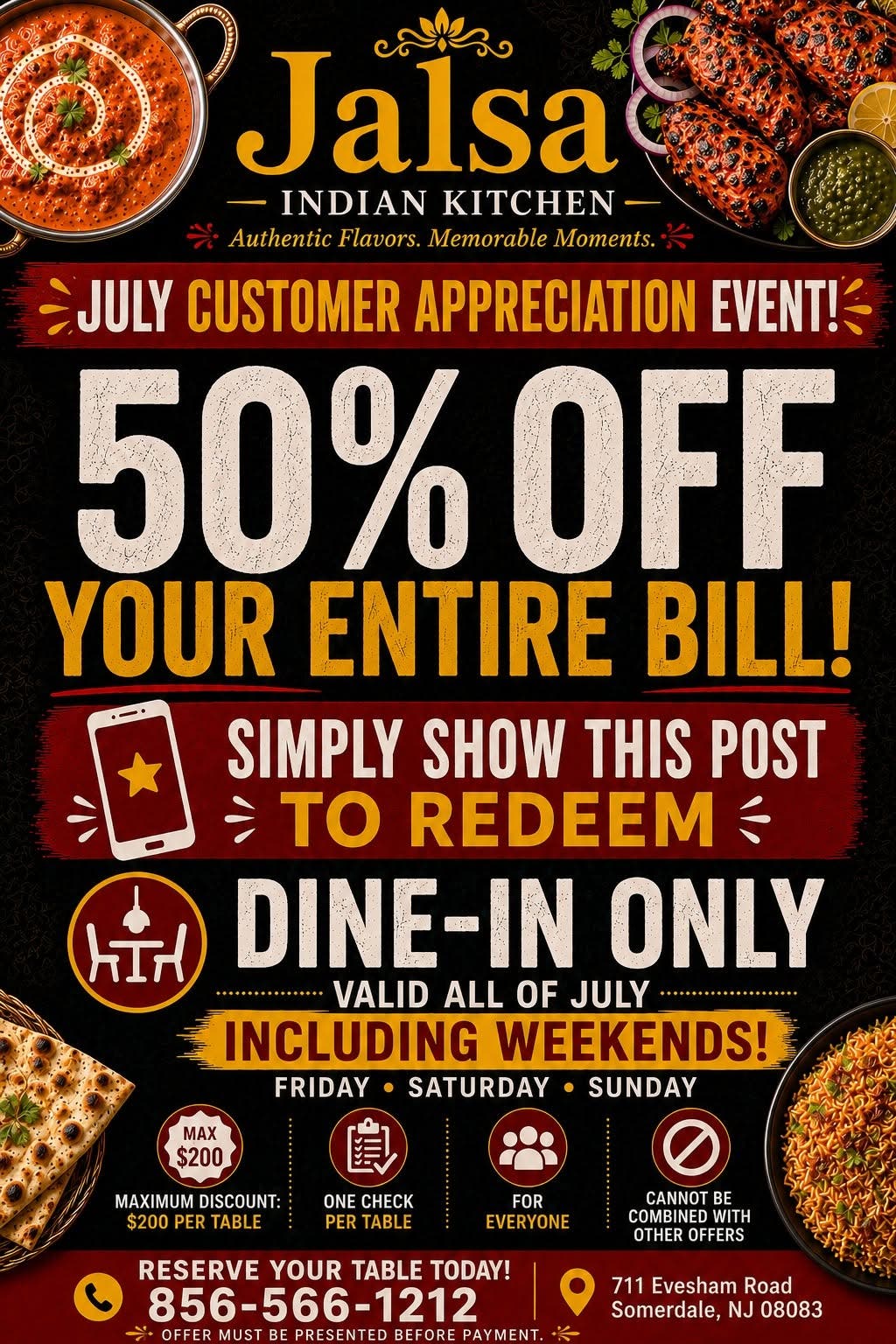 50% Off Dine-In at Jalsa Indian Kitchen in Somerdale