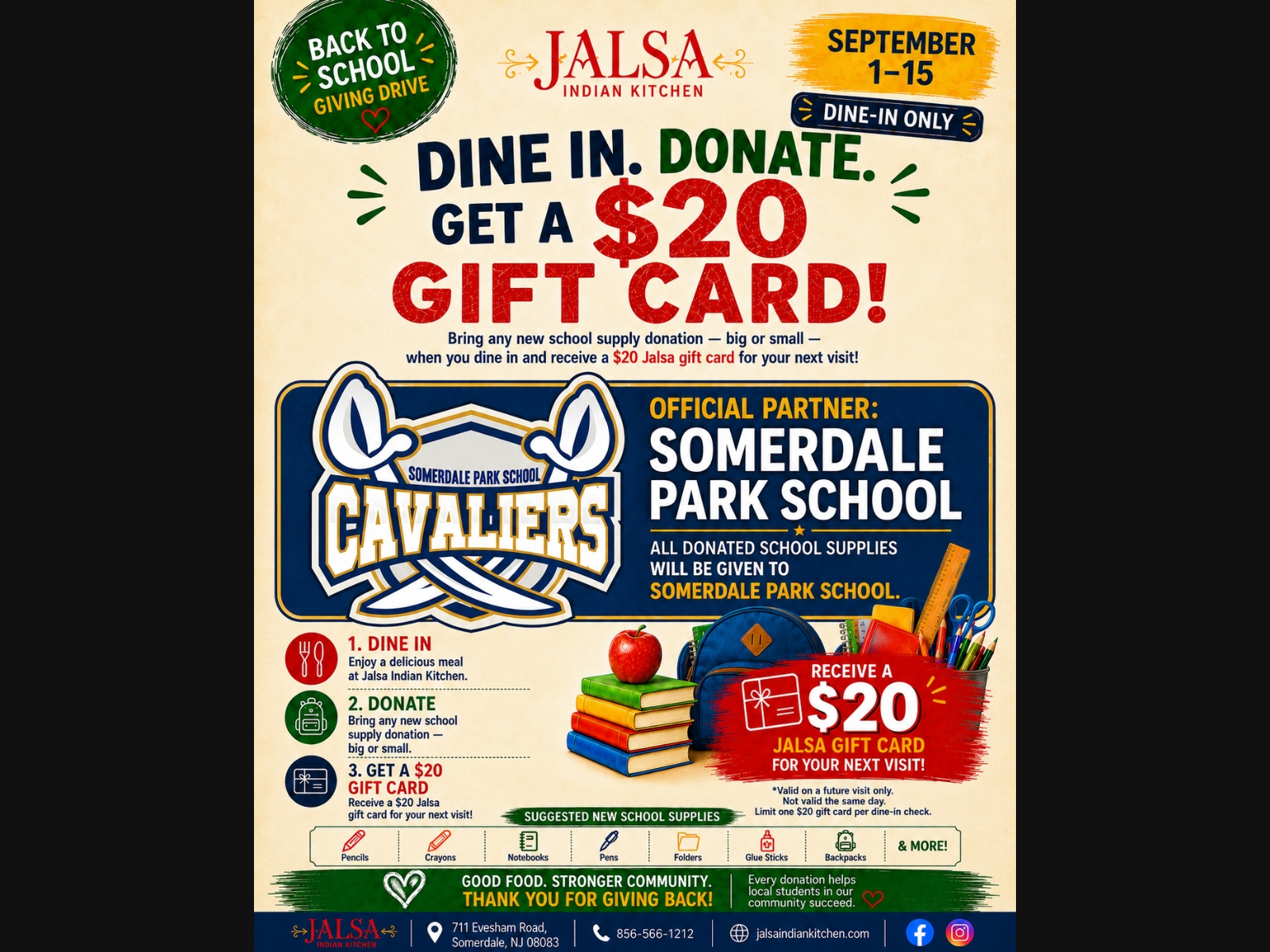 Jalsa Indian Kitchen School Supply Drive