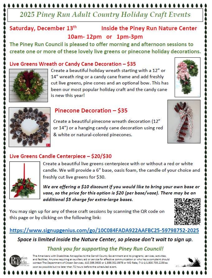 Adult Country Holiday Crafts Workshops at Piney Run Park (PM)