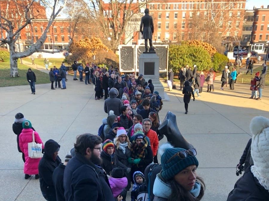 The line for people waiting to take a selfie with Mass. Sen. Elizabeth Warren stretched out from the State House steps recently.