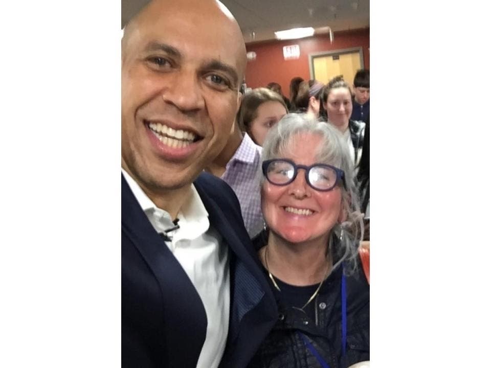 Candidate Cory Booker is pictured with Decoding the Vibe's Susan Dromey Heeter.