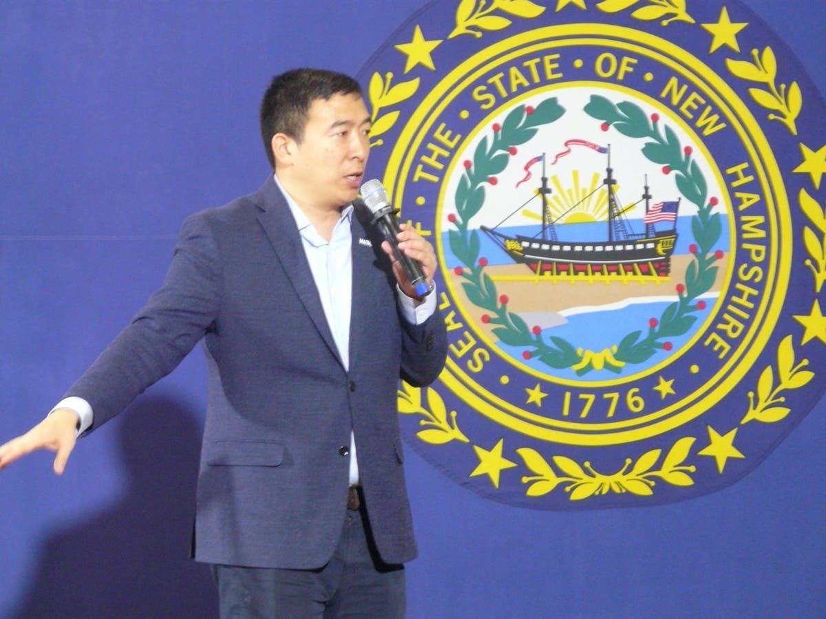 Andrew Yang speaks to a crowd at Dover City Hall in Dover.