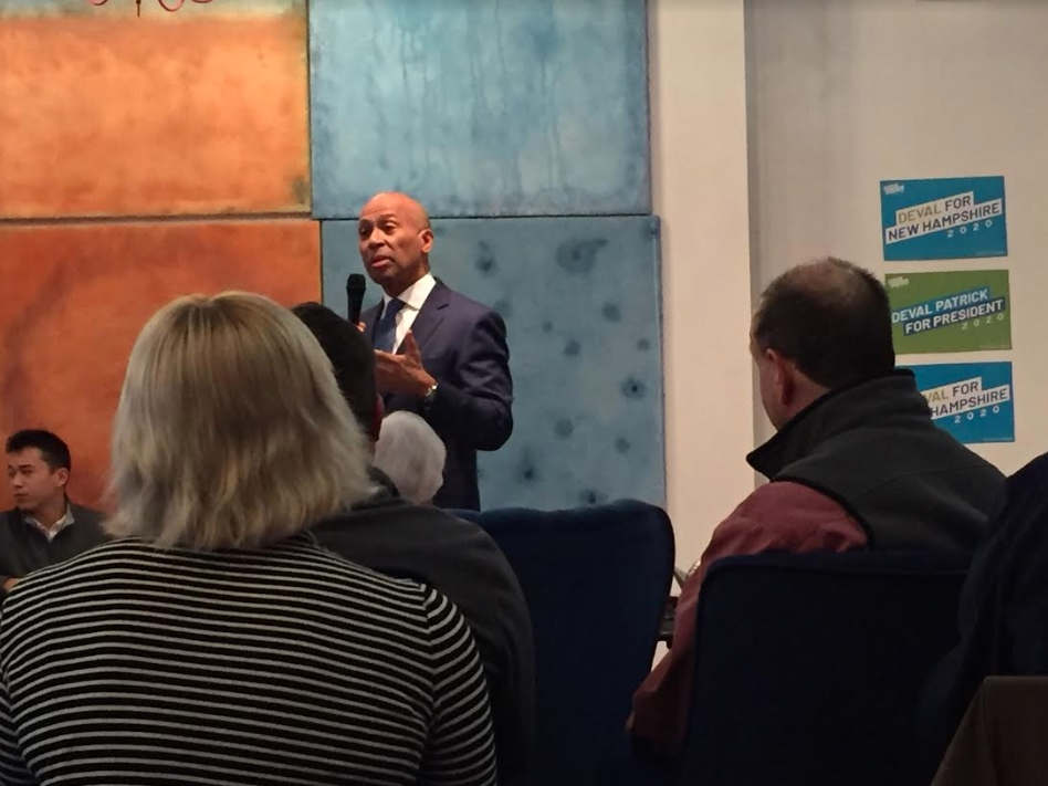 Deval Patrick is pictured Feb. 2 speaking at the Teatotaller Cafe in Somersworth.