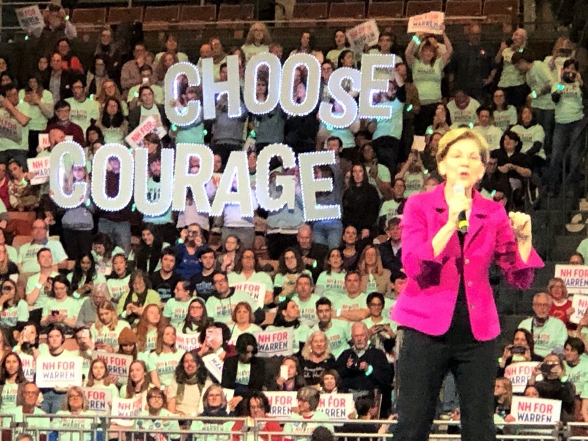 U.S. Sen. Elizabeth Warren, D-Mass., speaks to the annual Democratic gathering, the McIntyre-Shaheen 100 Club Dinner at the SNHU Arena in Manchester Feb. 8.