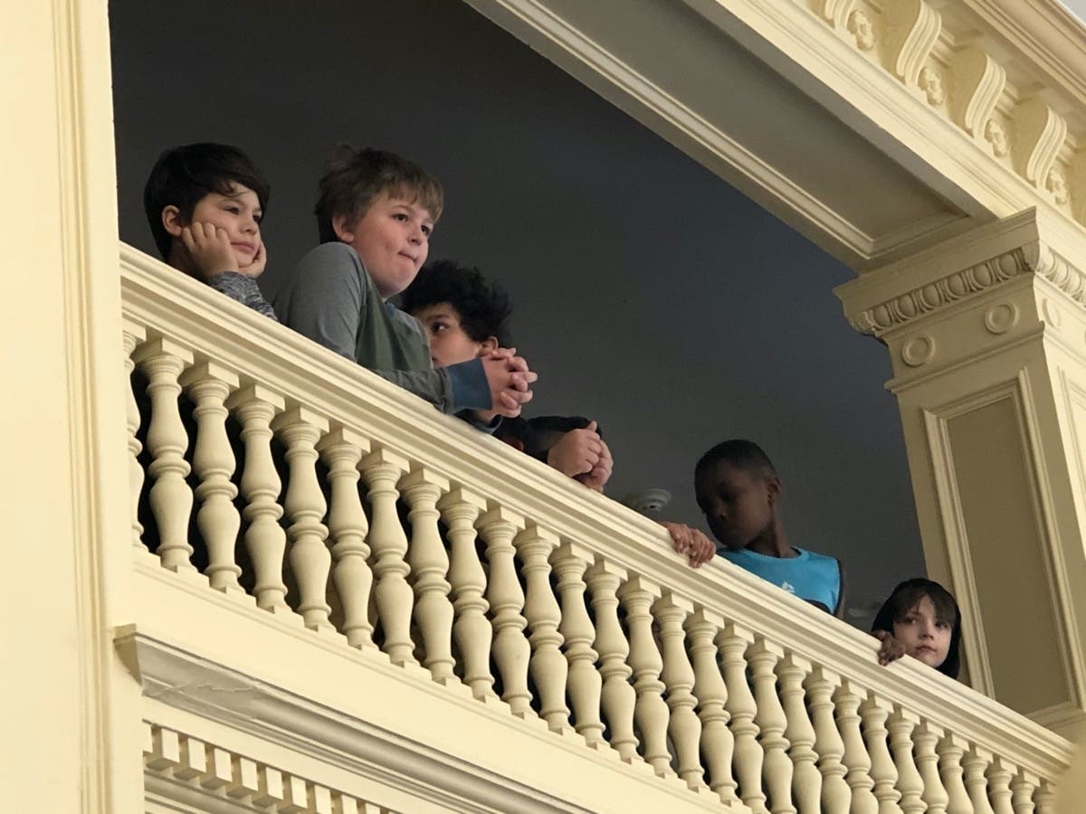 Students from Broken Ground School in Concord are pictured in the Senate Gallery at the Statehouse Thursday.