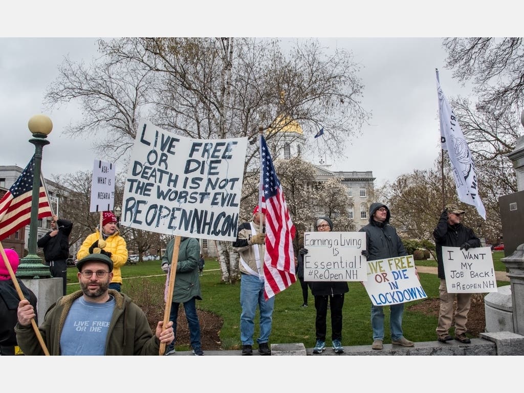Rally at the State House April 18 where people protested Gov. Chris Sununu's stay-at-home order.