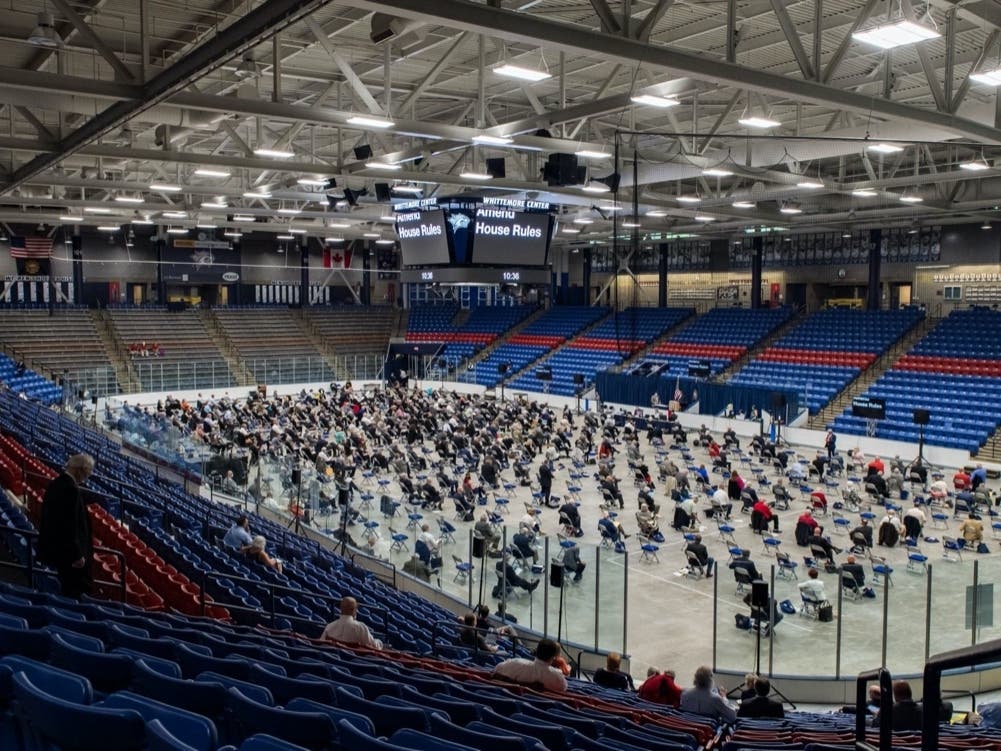 NH House members met at the Whittemore Center in Durham to observe social distancing.