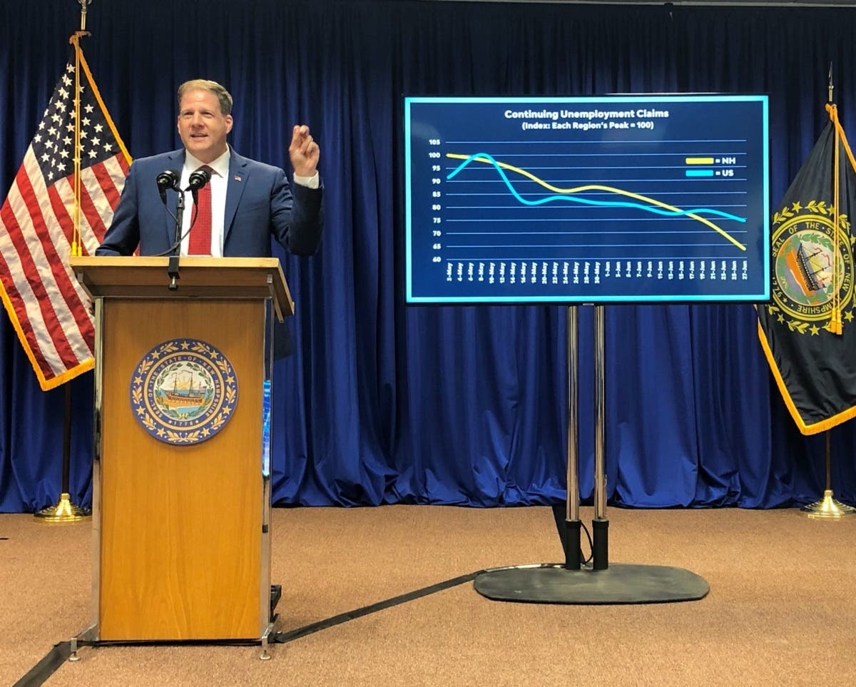 Gov. Chris Sununu is pictured at Tuesday's news conference about re-opening schools.