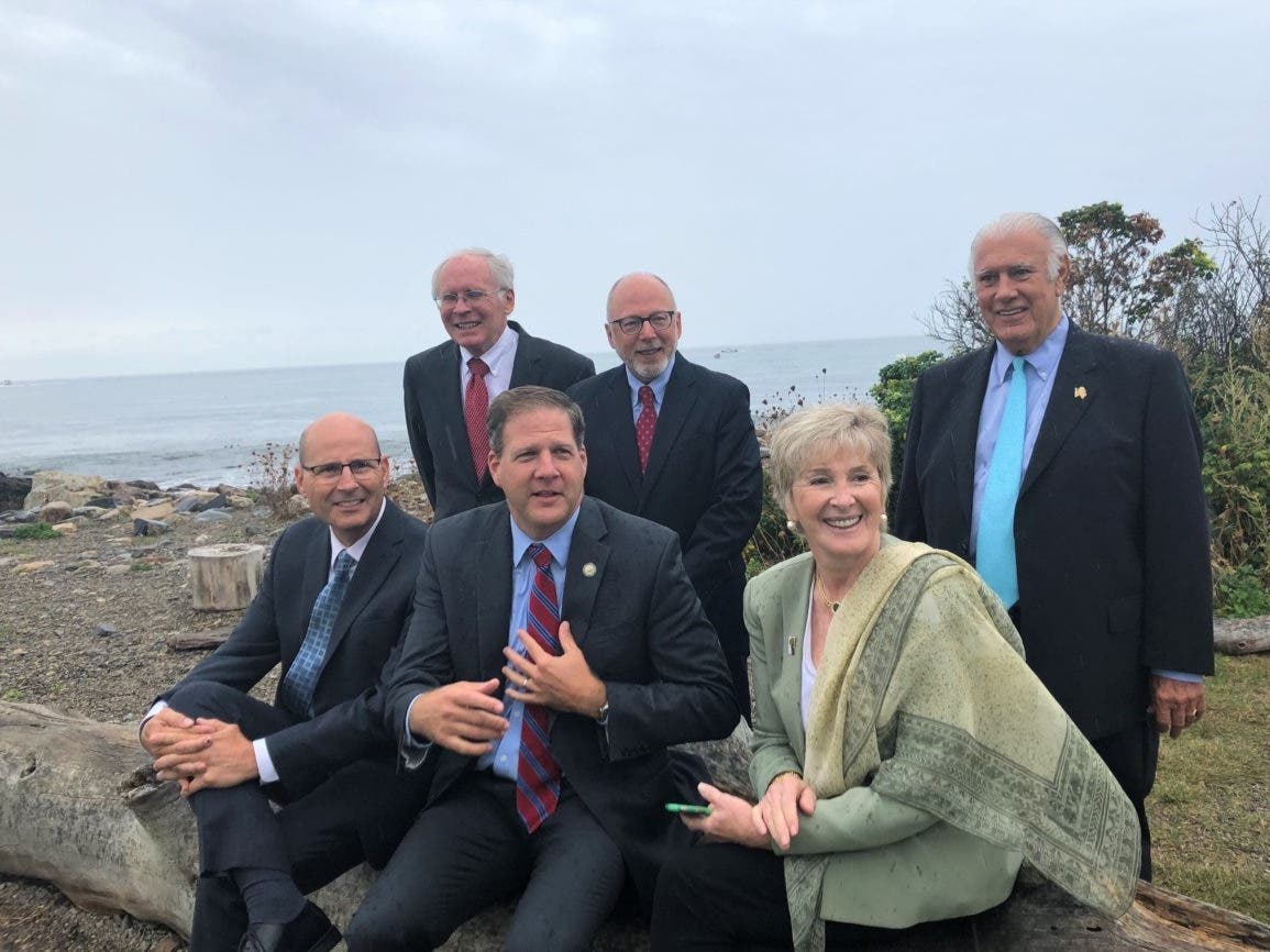 From left are councilors Russell Prescott, Gov. Chris Sununu, Debora Pignatelli and from left standing are Councilors Mike Cryans, Andru Volinsky and Ted Gatsas.