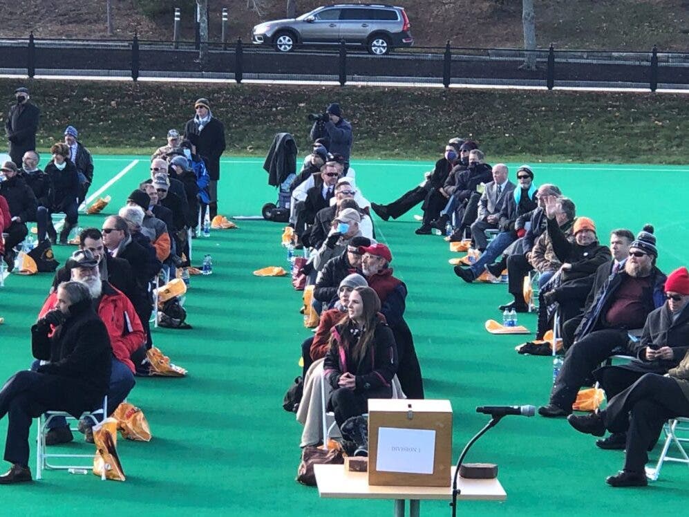A separate section was used for House members who chose not to wear a face covering at Organization Day outside at UNH in Durham on Dec. 2.