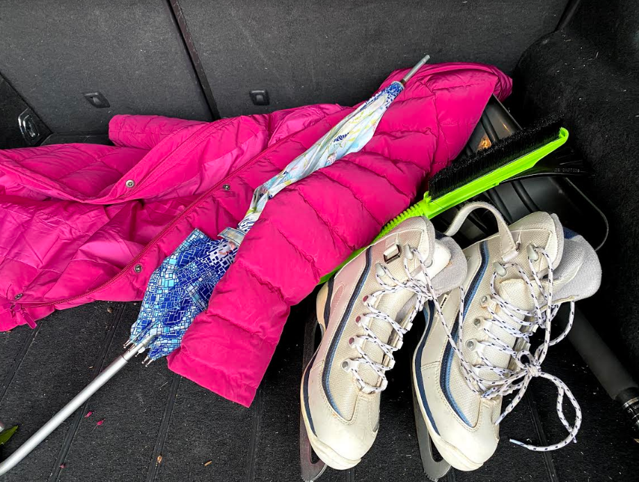 An extra coat, an umbrella and ice skates are among the essentials Susan keeps in her car.