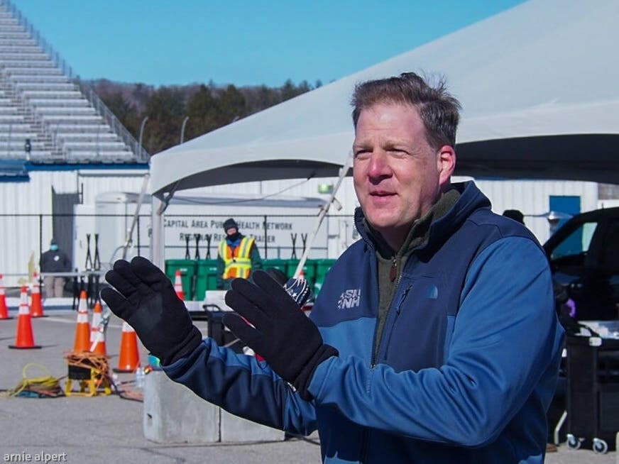 Gov. Chris Sununu is pictured last weekend at the NH Motor Speedway Super Site where he said more than 11,000 people were vaccinated in three days.