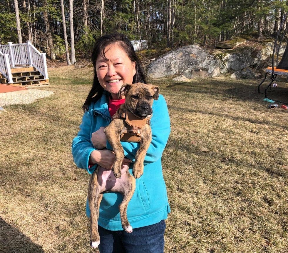 Lily Tang Williams makes friends with her neighbor's dog.