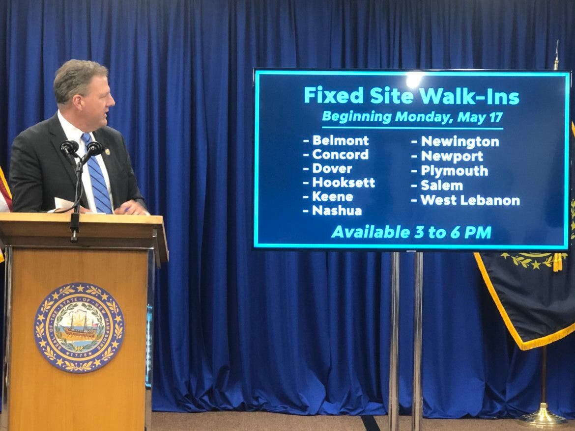 Governor Sununu announces the beginning of walk-in COVID vaccination clinics in New Hampshire, starting May 17.