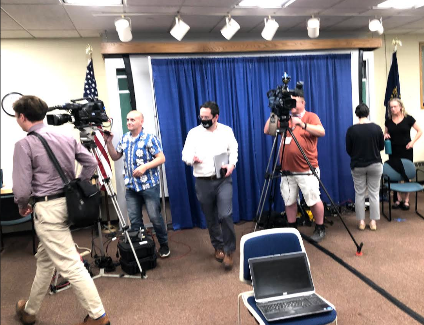 Members of the press attended the last regularly scheduled COVID-19 press conference in Concord on Thursday.