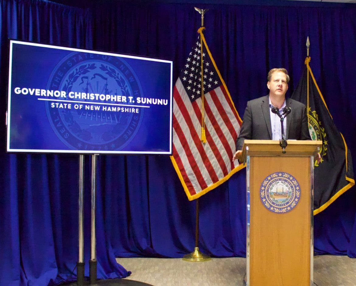 Gov. Chris Sununu is pictured at a news conference on Thursday in Concord.