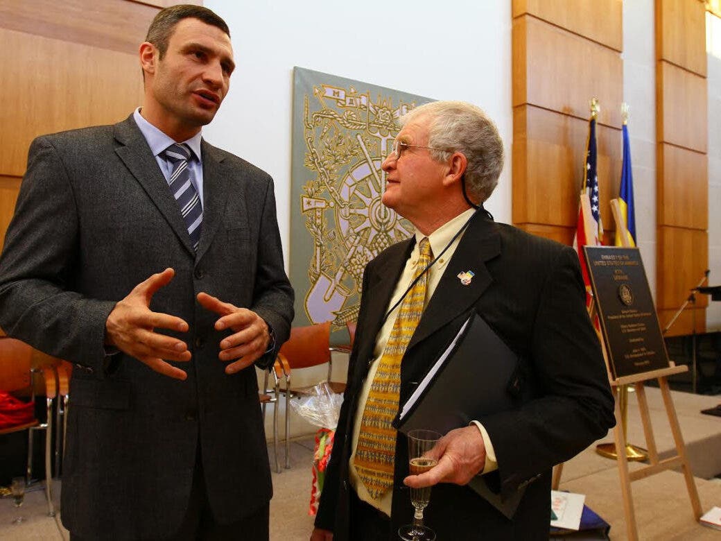 Douglass Teschner, left, in this 2012 photo with former heavyweight champion Vitali Klitschko, currently mayor of Kyiv, Ukraine and on the frontline of defending his country.