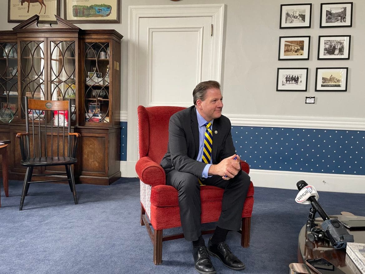 Gov. Chris Sununu is pictured in his office at the State House where he resumed press briefings after the Executive Council meetings after two years of televised briefings on COVID-19.