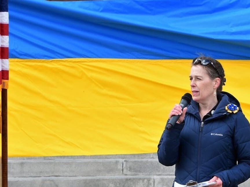 Courtesy photo
 
Christina Vogel is pictured at a rally for Ukraine March 2 at the State House in Concord.