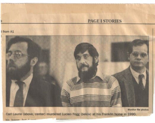 Convicted murderer Carl Laurie, center, is pictured with his defense team, Albert E. Scherr, left, and Jim Moir (Concord Monitor). Laurie was convicted in March 1990 of killing Lucien Fogg. His conviction was overturned because of undisclosed evidence.
