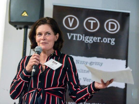 VTDigger's Anne Galloway speaks during VTD's 10th anniversary celebration at Barr Hill in Montpelier on Saturday, October 6, 2019. 