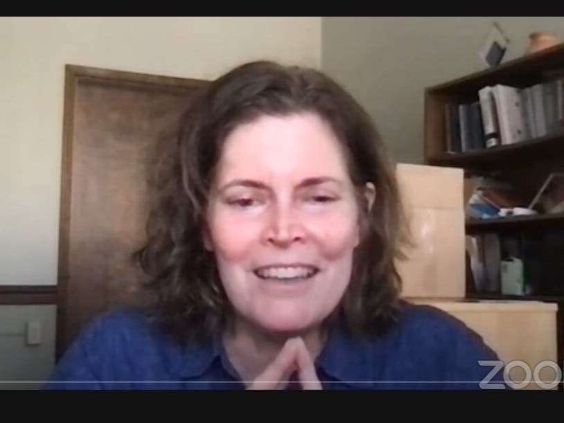 Anne Galloway, founder of VTDigger, is pictured speaking on Zoom Tuesday at InDepthNH.org's NH Sustainable News Summit Project.