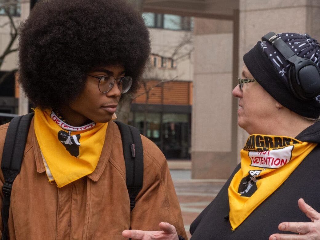 Ian Scott from the Dartmouth Student Worker Collective with Heather Stockwell of Rights and Democracy at Monday's May Day event in Manchester.