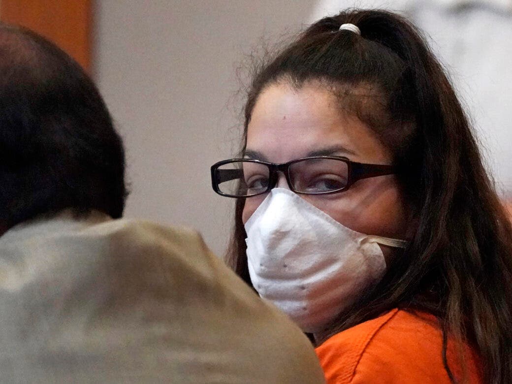 Kayla Montgomery looks towards the gallery during proceedings at Hillsborough Superior Court, Thursday, May 5, in Manchester.  