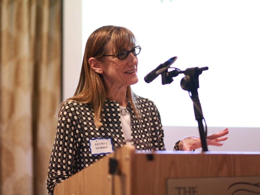 Author filmmaker Gloria Norris speaks at the New Hampshire Sustainable News Summit Project at the Derryfield Restaurant in Manchester Wednesday night.