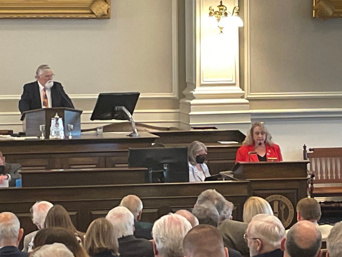 State Rep. Debra Altschiller, D-Stratham, is pictured speaking in Representatives Hall Thursday.
