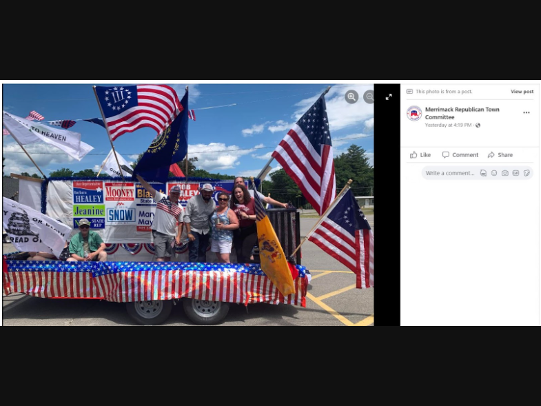 The Merrimack Republican Town Committee July 4 parade float with the Three Percenters flag.