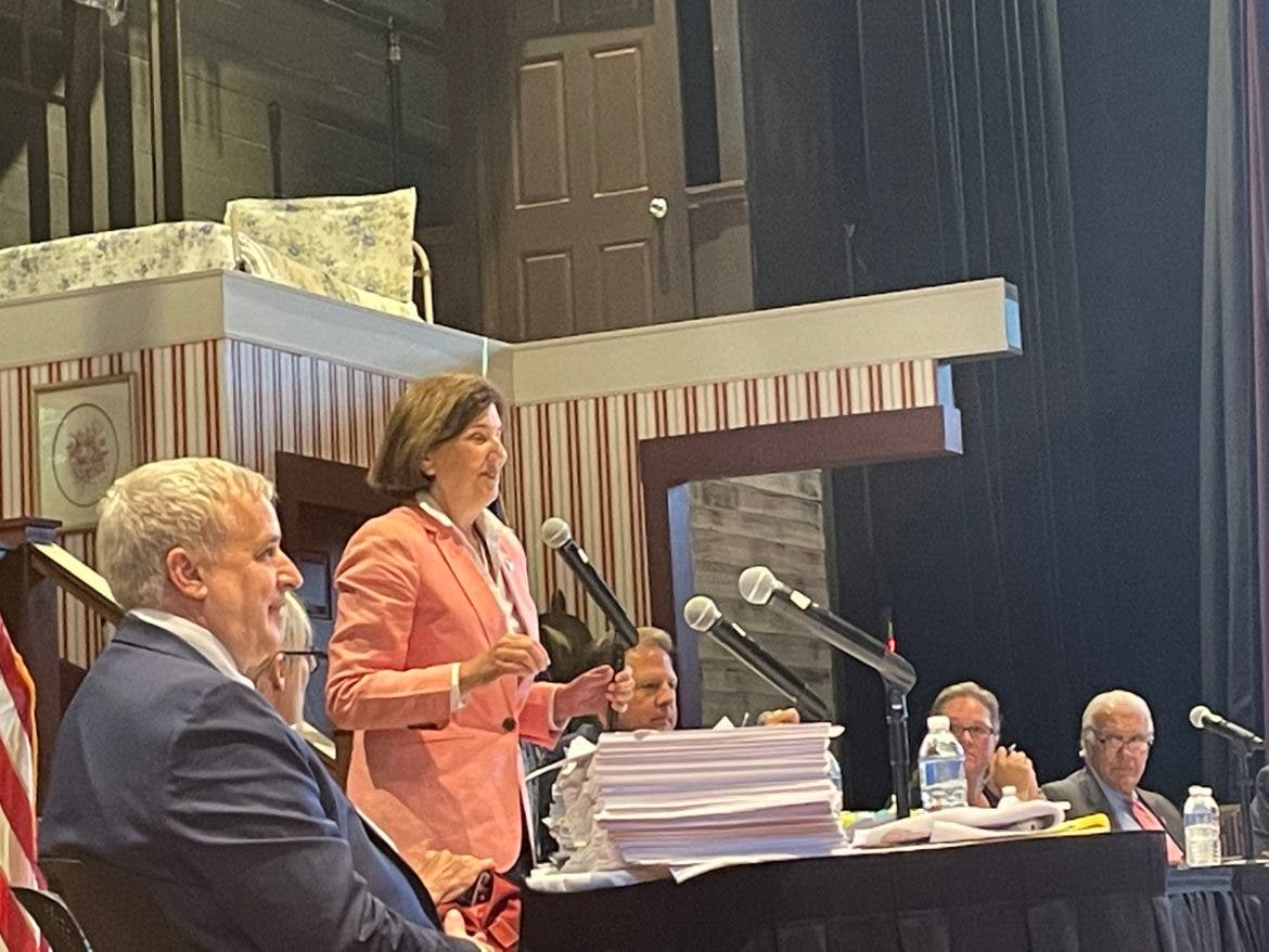 Executive Councilor Cinde Warmington is pictured speaking at Wednesday's council meeting with Gov. Chris Sununu and four other councilors seated.