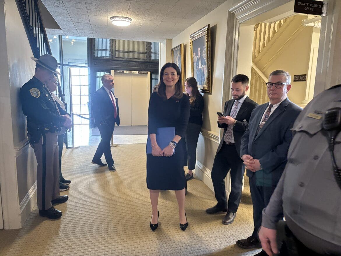 Gov. Kelly Ayotte is pictured entering Representatives Hall to give her State of the State address Thursday.