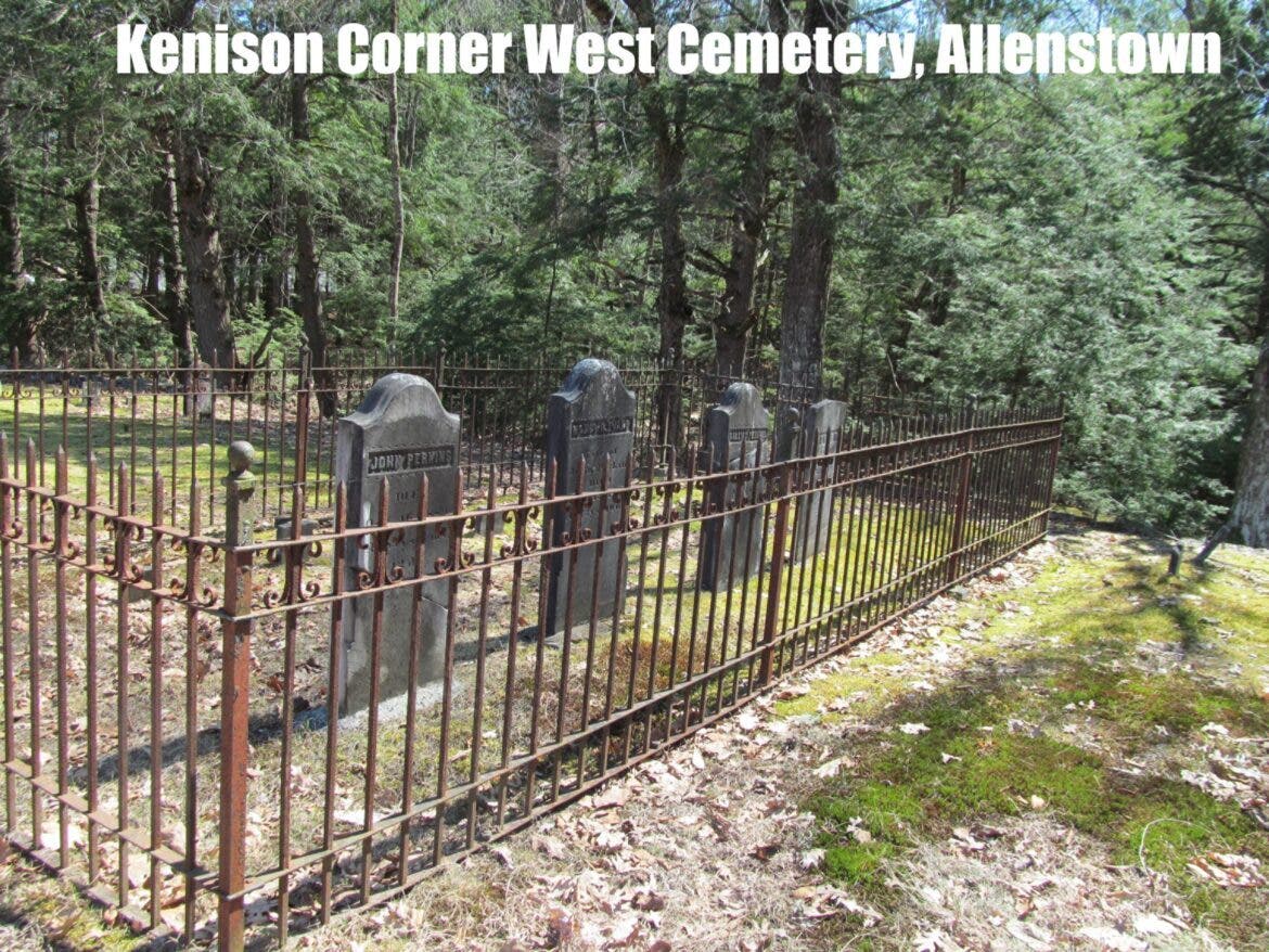 A fenced area inside the Kenison Corner West Cemetery includes the graves of farmer John Perkins, who died in 1889, and several of his family members.